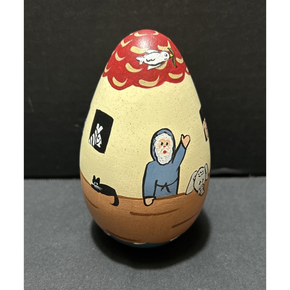 Vtg Noah's Ark Scene on Wood Egg Hand Painted by Sharon Edwards Nursery Folk Art